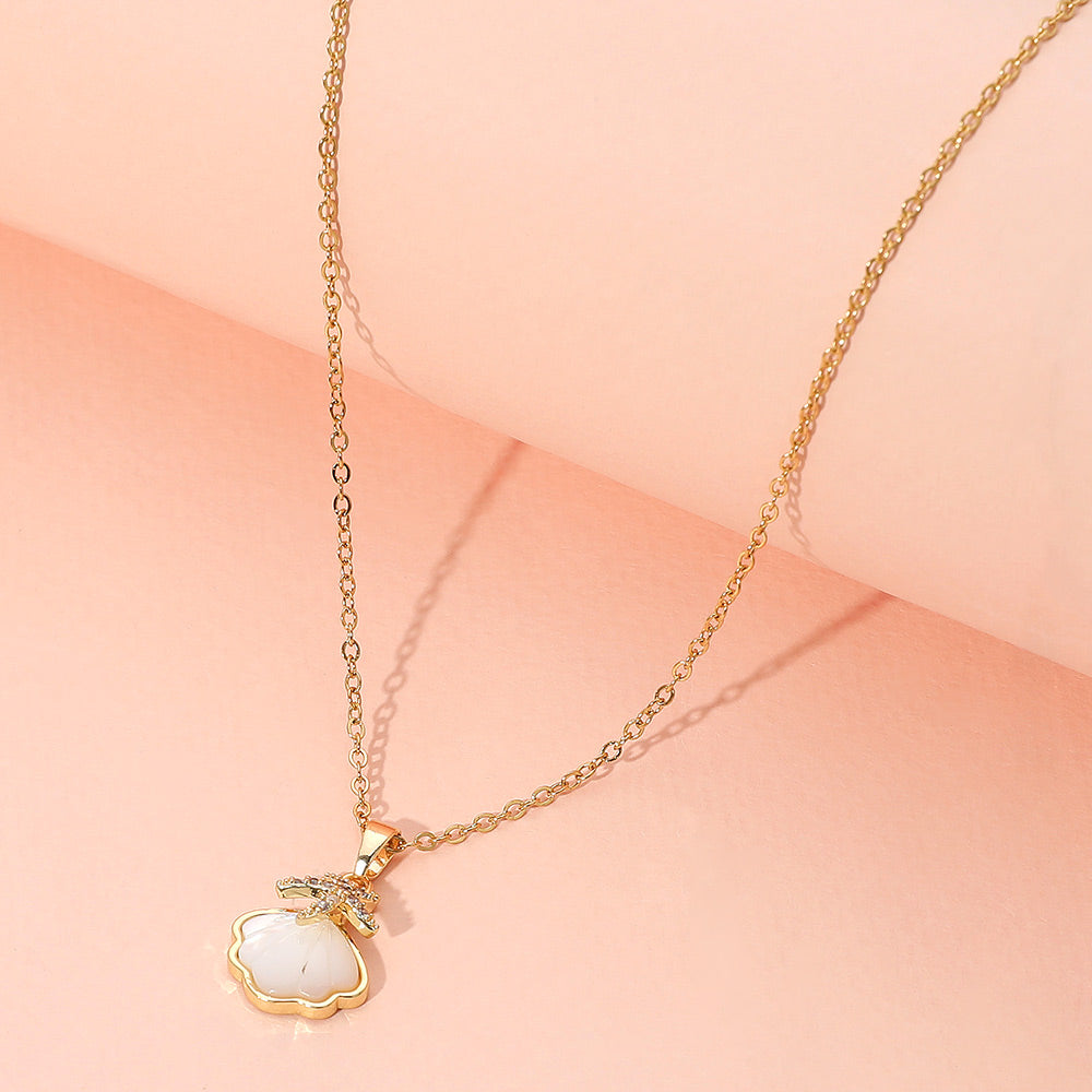 Stainless Steel Stone Paved Starfish Mother of Pearl Sea Shell Pendant Necklace