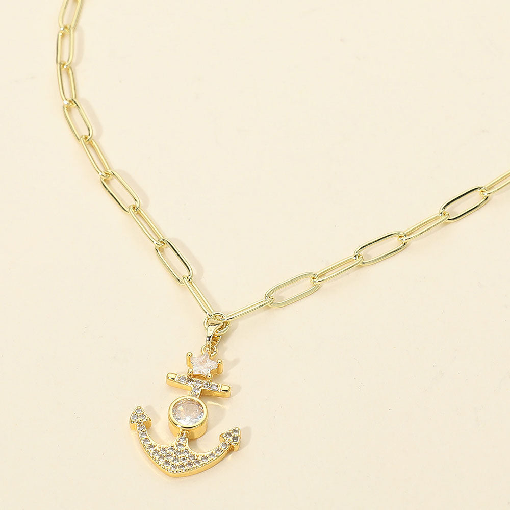 Stainless Steel CZ Stone Star Anchor Pendant Paperclip Chain Necklace