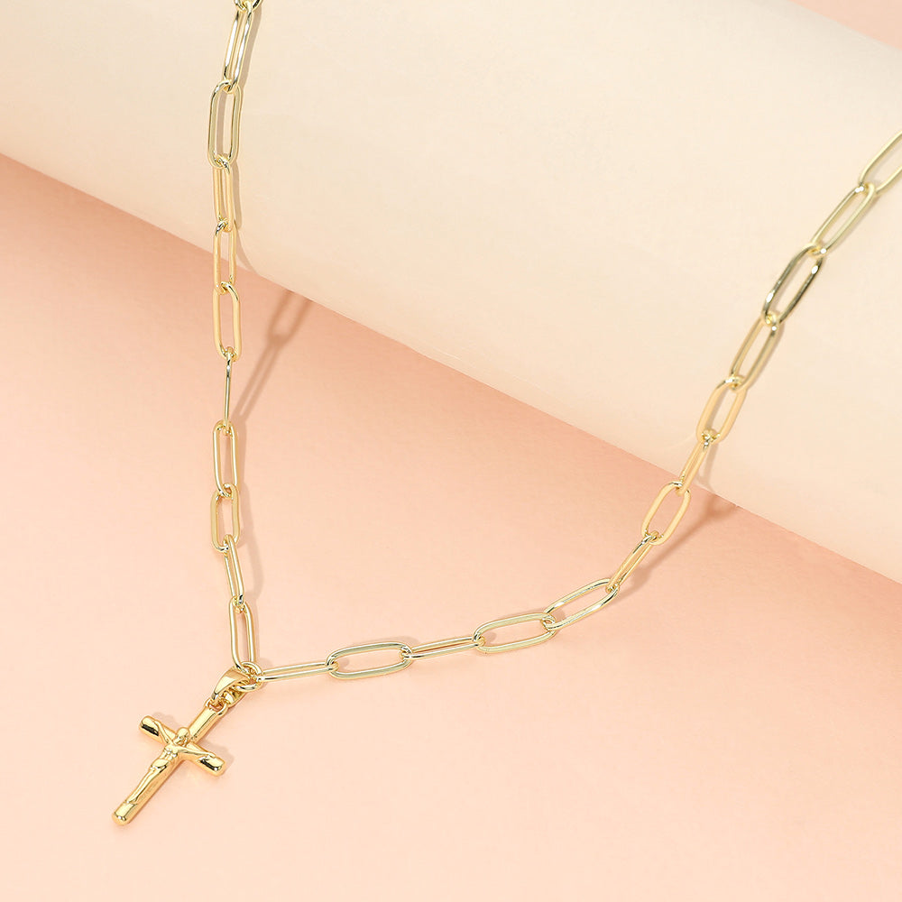 Stainless Steel Cross Pendant Paperclip Chain Necklace