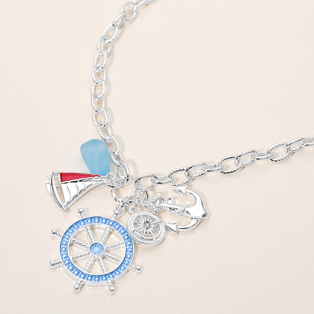Nautical Anchor Wheel Boat Sea Glass Charm Pendant Necklace