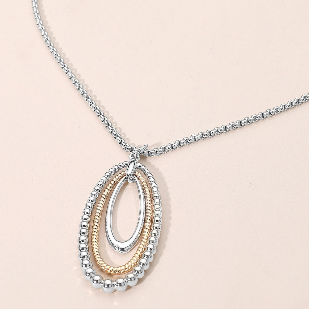 Metal Beaded Edge Layered Open Oval Pendant Necklace