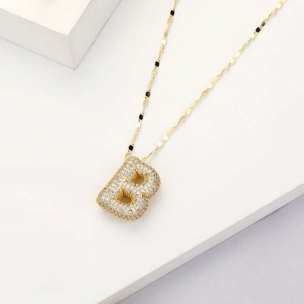 -B- Gold Dipped CZ Stone Paved Initial Monogram Pendant Necklace