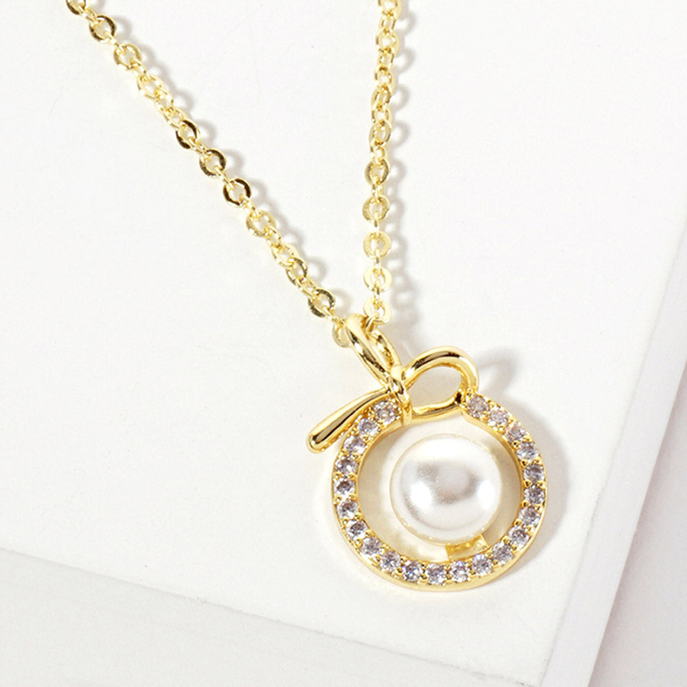 Gold Dipped CZ Pave Halo Pearl Charm Pendant Necklace