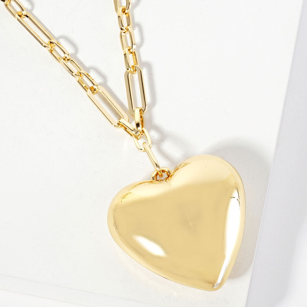 Gold Dipped Bold Puffy Heart Pendant Paperclip Link Chain Necklace