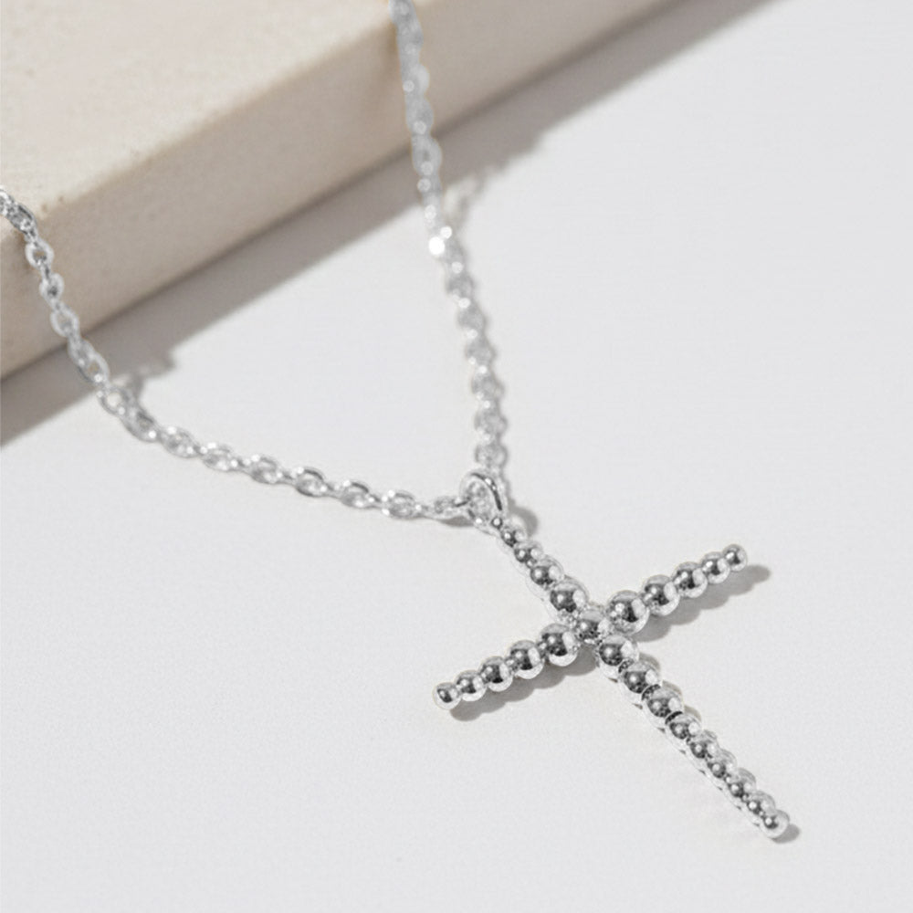 White Gold Dipped Beaded Cross Pendant Necklace