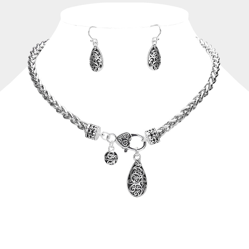 Embossed Antique Metal Textured Teardrop Pendant Necklace