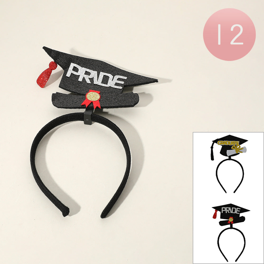 12PCS - Glittered GRADUATE PRIDE Message Pointed Graduation Hat Headbands