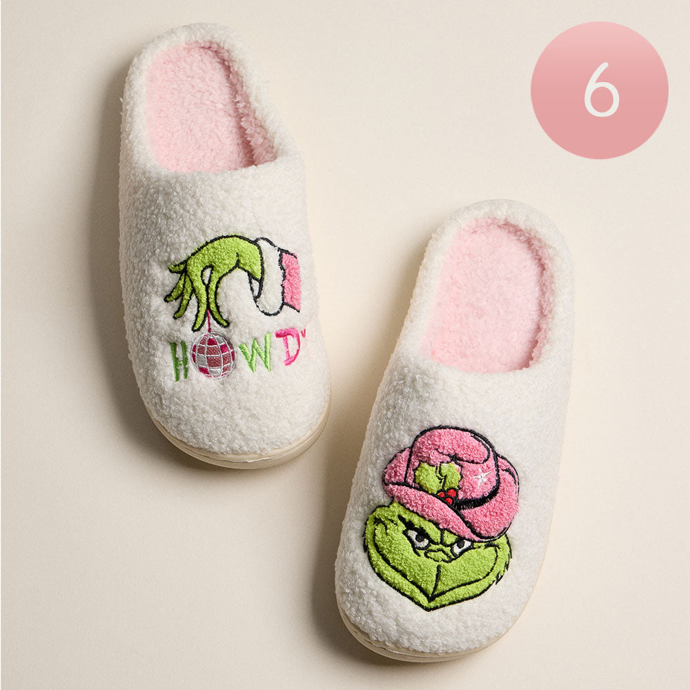 6Pairs - Howdy Western Grinch Green Monster Holiday Indoor Slippers