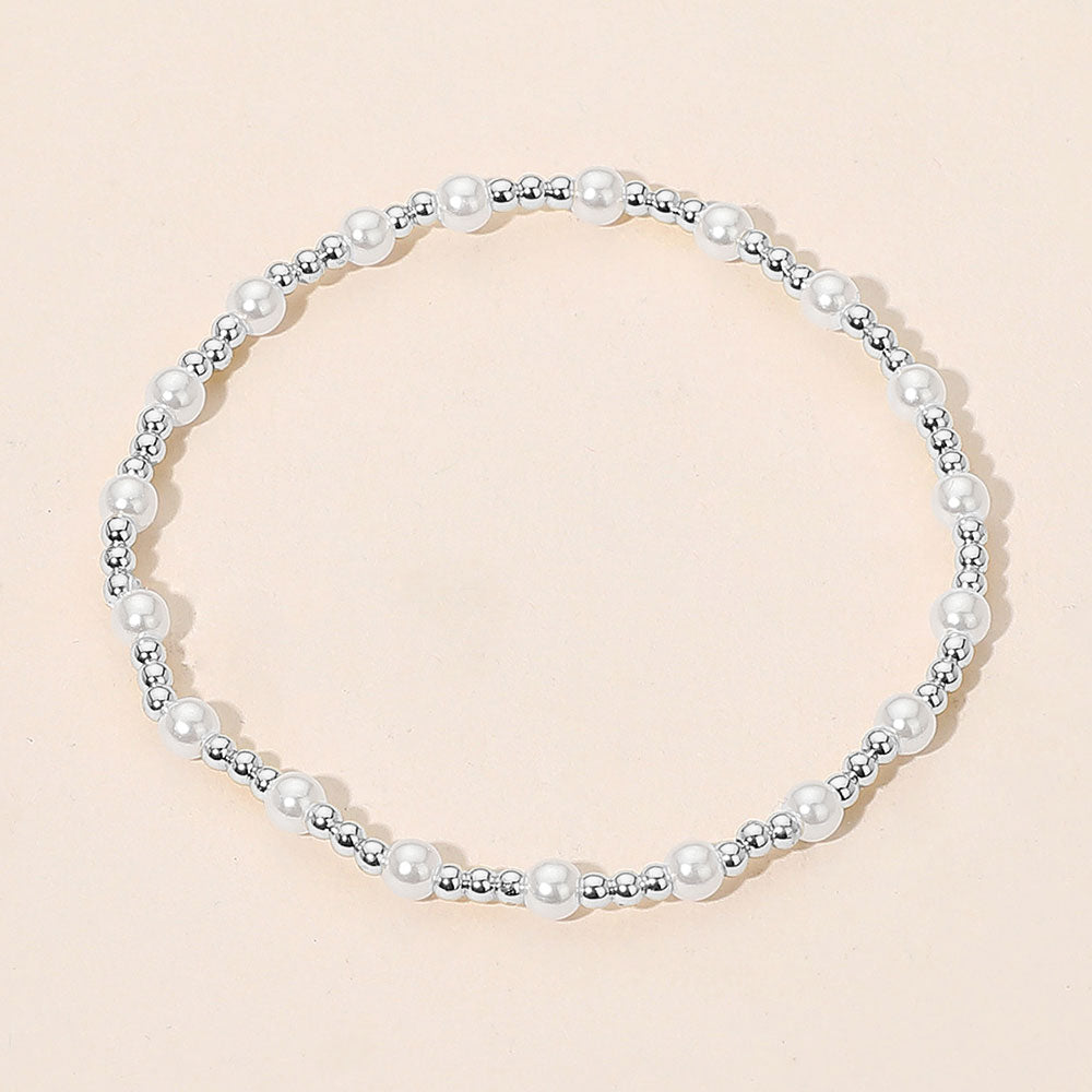 Pearl Accent Stainless Steel Ball Beaded Stretch Bracelet