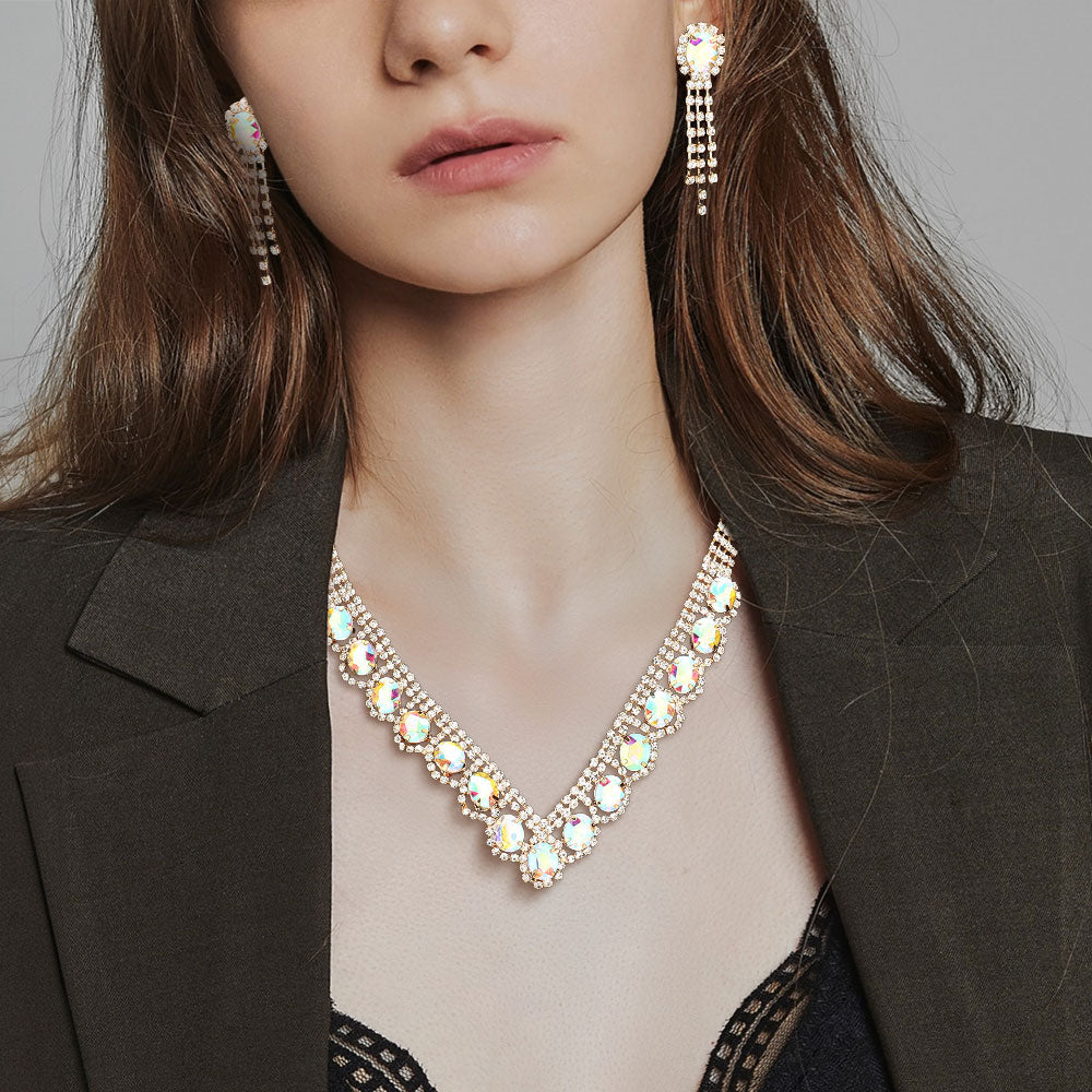 Oval Stone Accented V Shaped Rhinestone Necklace