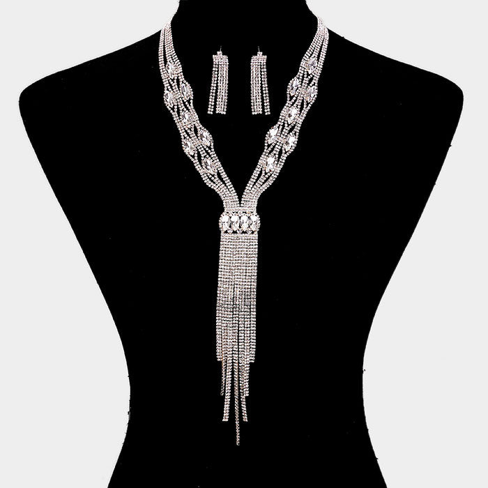 Rhinestone Trim Crystal Oval Fringe Necklace