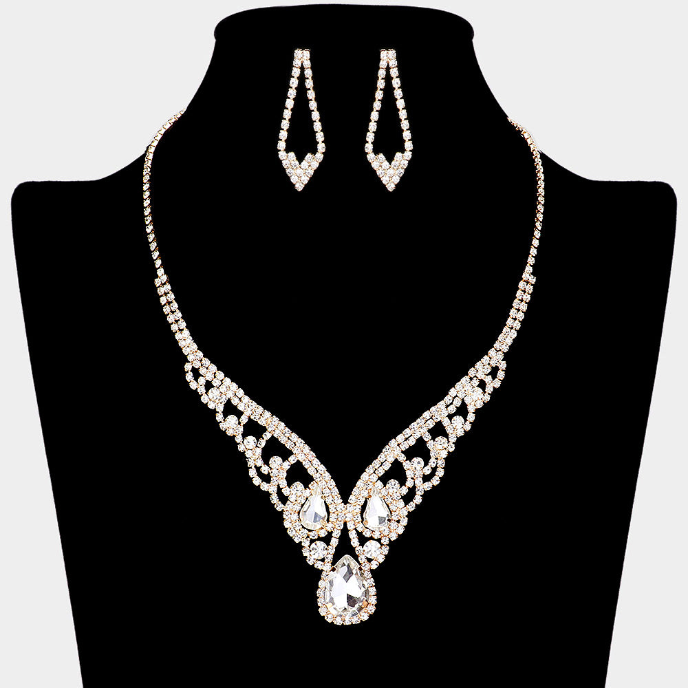 Teardrop Stone Accented Rhinestone Paved V Shape Necklace