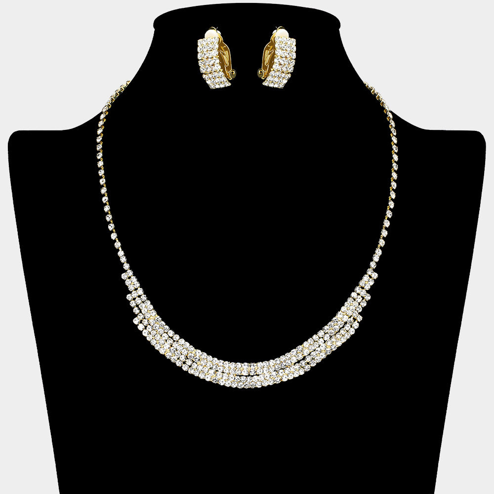 Rhinestone Paved Collar Necklace Clip on Earring Set