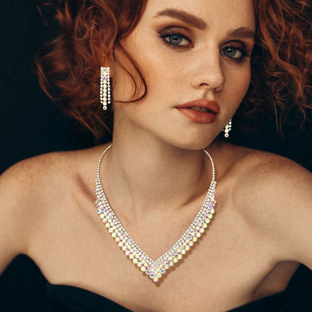 Bubble Stone Cluster Rhinestone V Shaped Necklace