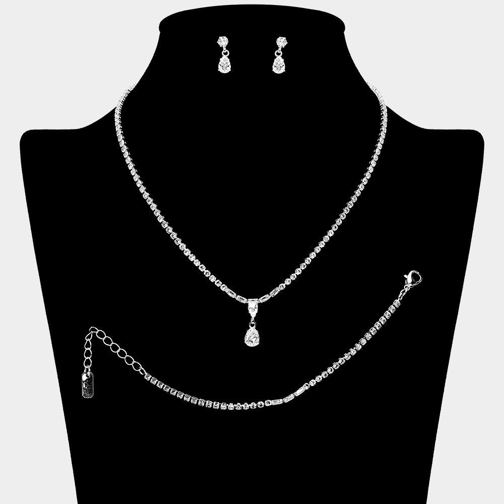 Teardrop Stone Cluster Pendant Pointed Rhinestone Paved Jewelry Set
