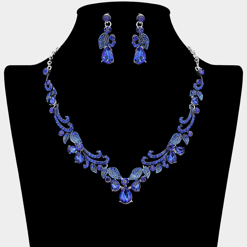 Teardrop Stone Cluster Embellished Rhinestone Paved Leaf Vine Necklace