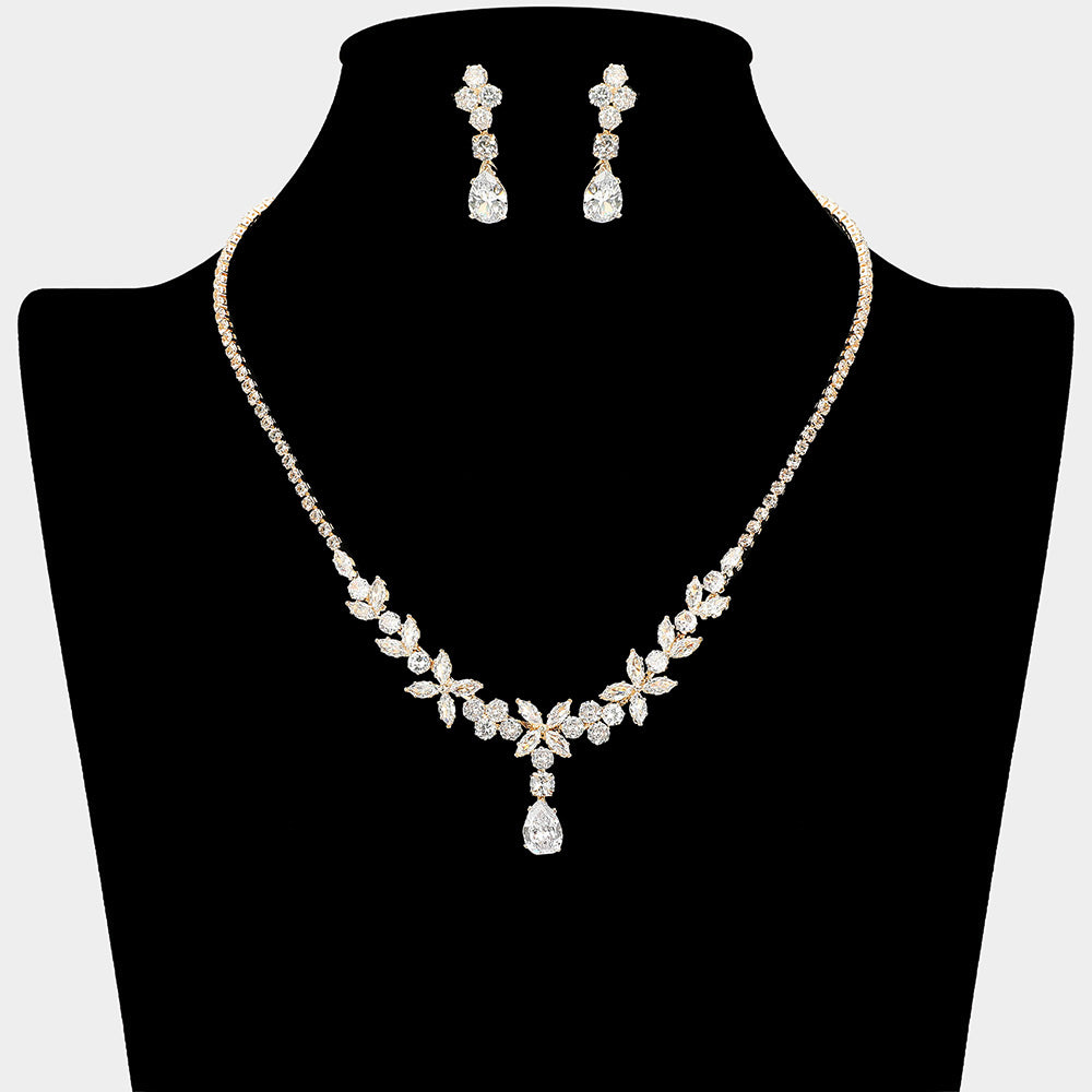 Teardrop Marquise Floral CZ Stone Link Rhinestone Paved Necklace