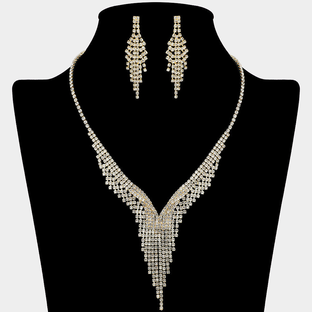Rhinestone Paved Waterfall Fringe V Shaped Necklace