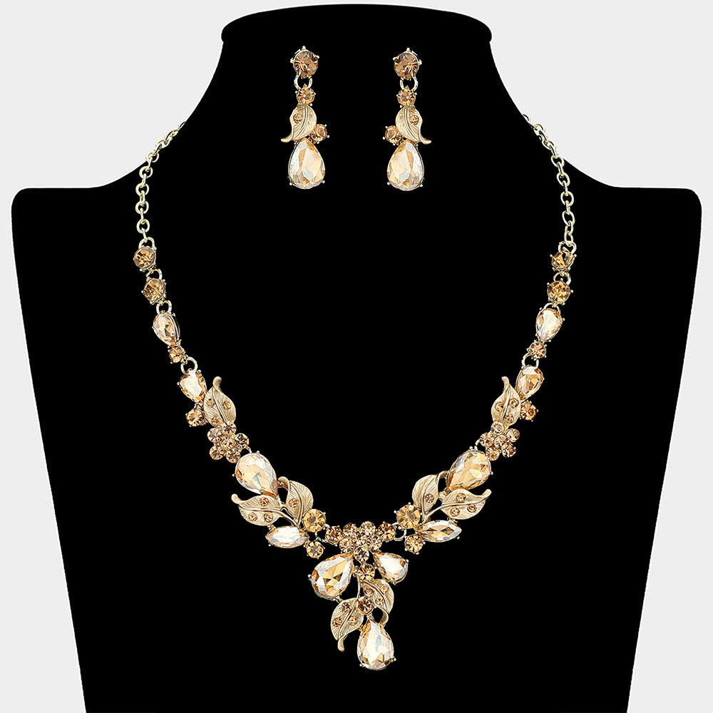 Teardrop Stone Cluster Leaf Embellished Necklace