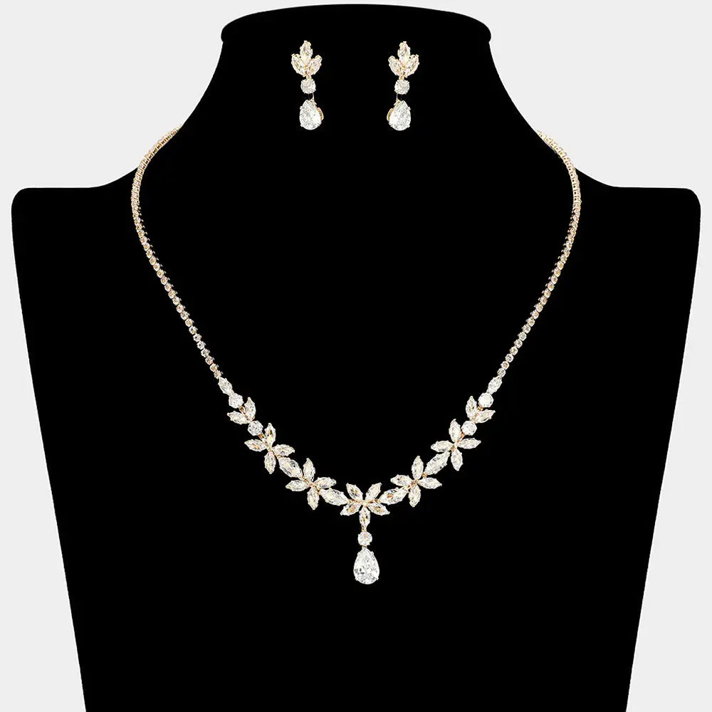 Teardrop CZ Stone Cluster Drop Floral Necklace