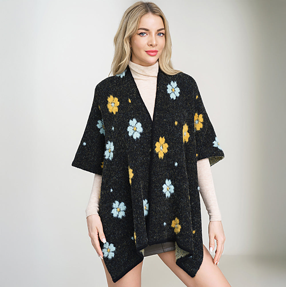 Cozy Relaxed Fit Open Front Floral Pattern Poncho