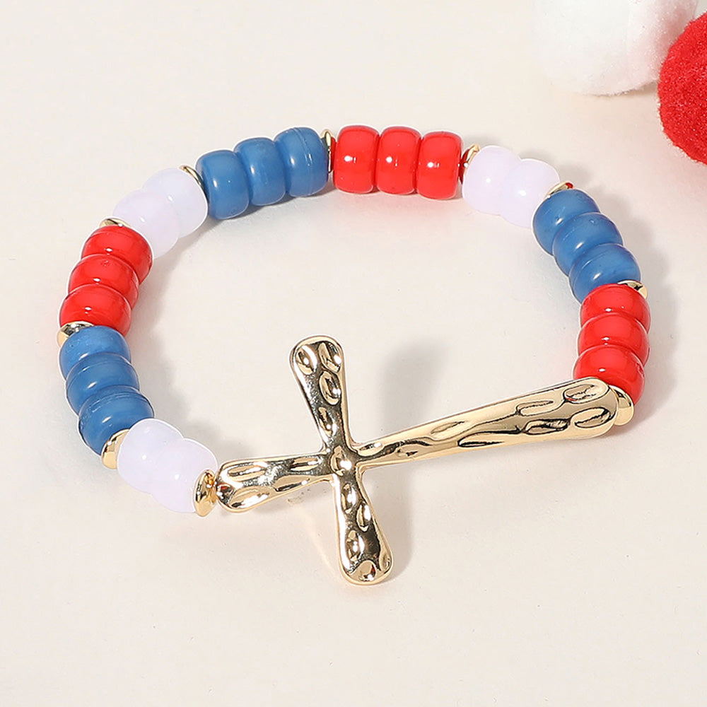 Hammered Metal Cross American USA Flag Colored Beads Beaded Stretch Bracelet