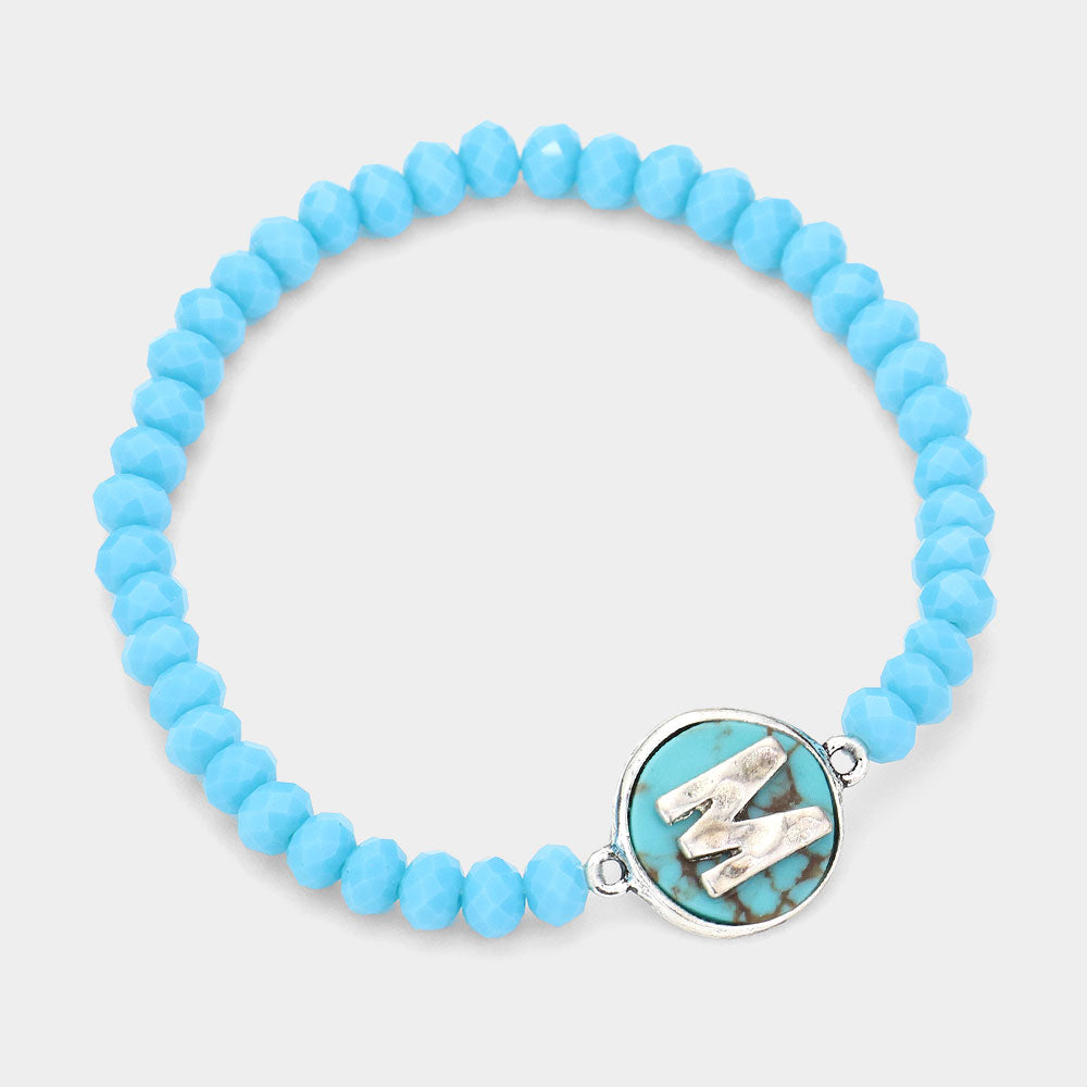 -M- Initial Monogram Turquoise Charm Faceted Beaded Stretch Bracelet