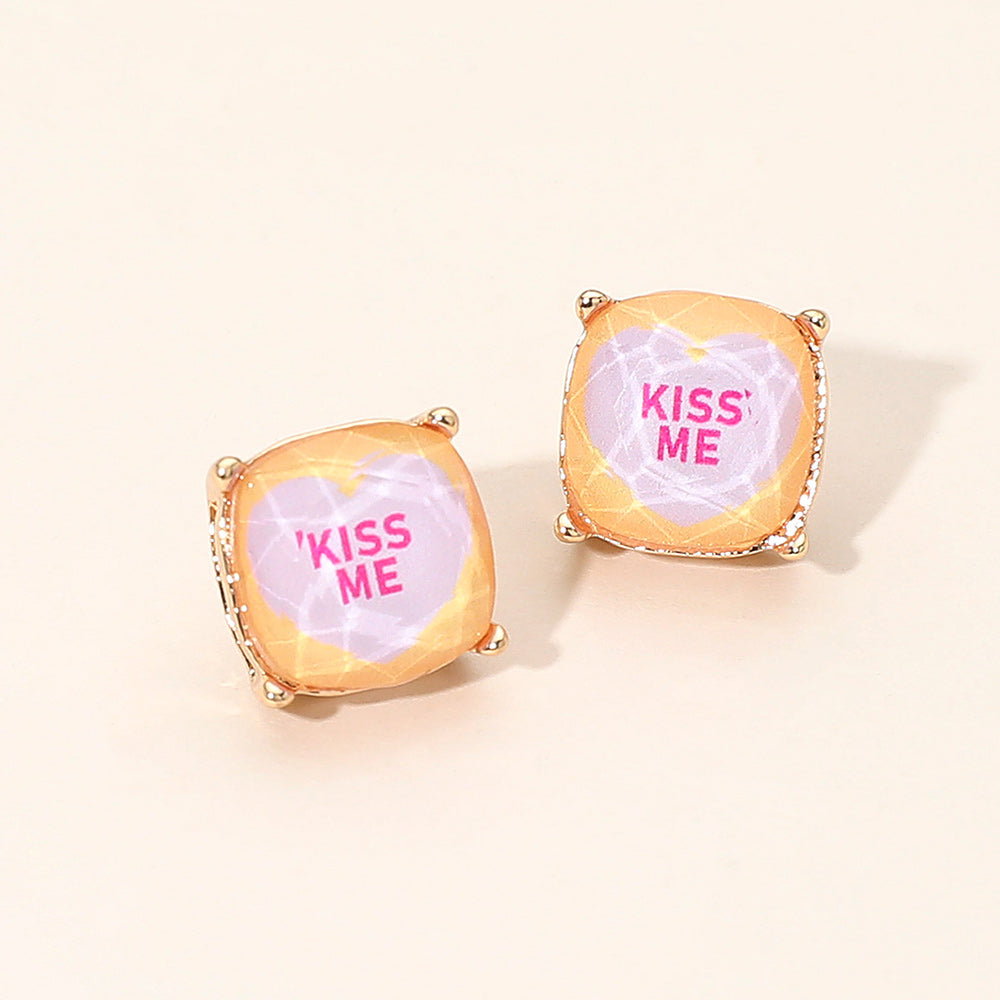 KISS ME Message Heart Square Cushion Stud Earrings