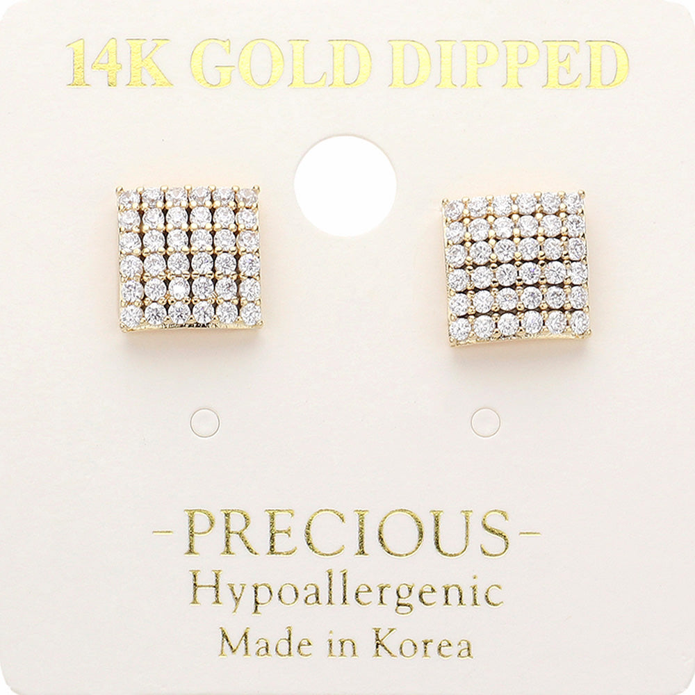 14K Gold Dipped Hypoallergenic Stone Paved Square Stud Earrings