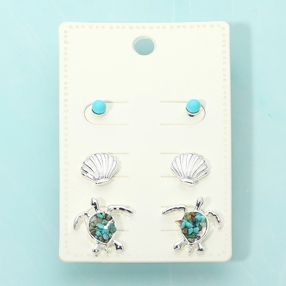 3Pairs - Sea Shell Sea Turtle Stud Earring Set