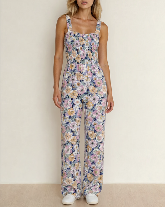 Angelica Square Neckline Stretch High Waist Jumpsuit - Purple Floral