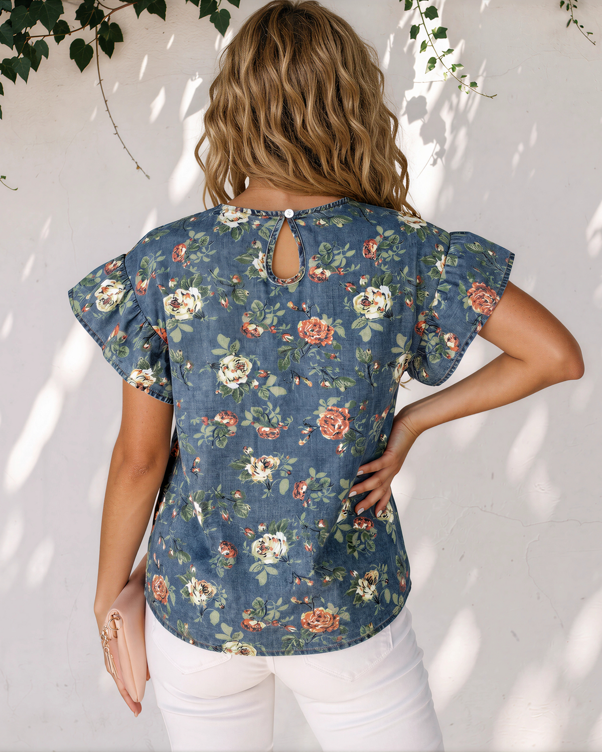 Ashleigh Floral Denim Top | Ruffle Sleeve Denim Blouse