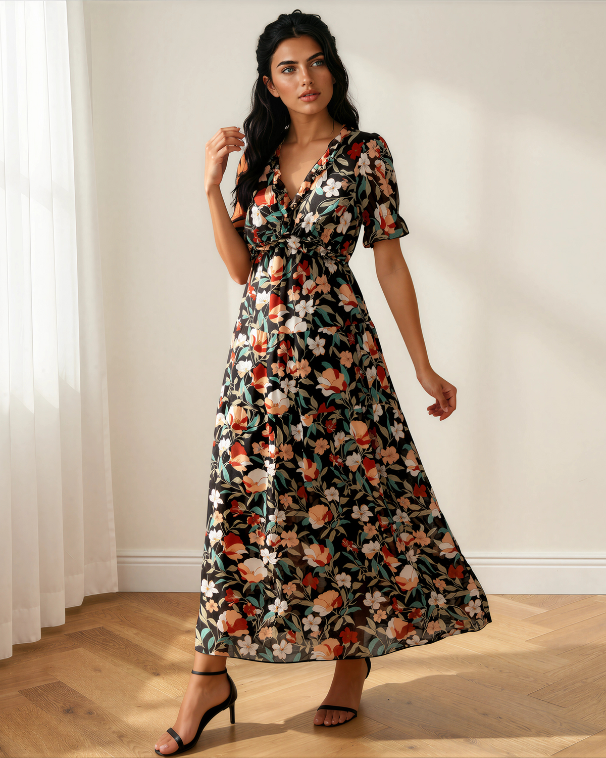Haisley Floral Maxi Dress | Frill V Neck Dress