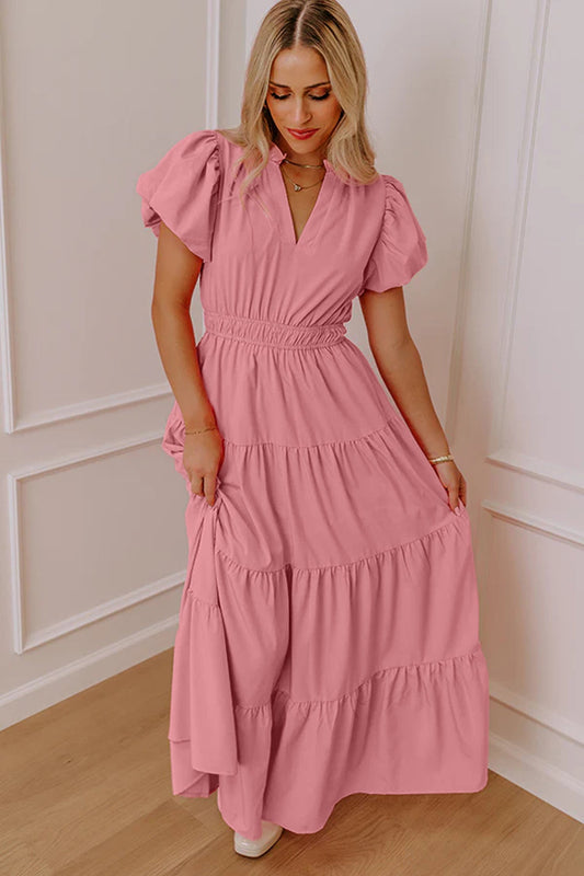 Solid V-Neck Short Puff Sleeve Tiered Maxi Dress