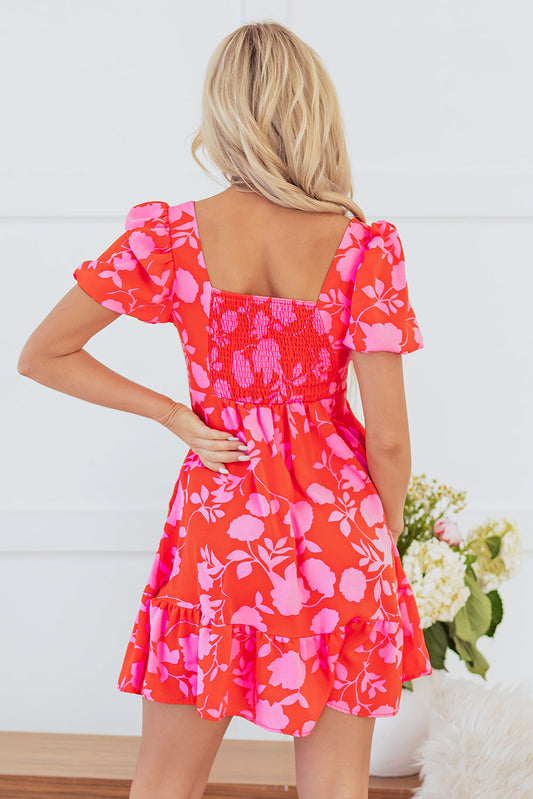 Floral Bubble Sleeve Sweetheart Neck Ruffle Mini Dress