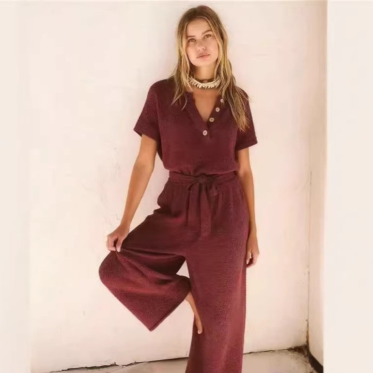 Women's Loose V-Neck Lace-Up Jumpsuit – Wide-Leg Pocket One-Piece