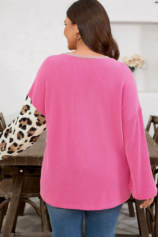 Plus Size Leopard Corded Knit Patchwork Long Sleeve Top