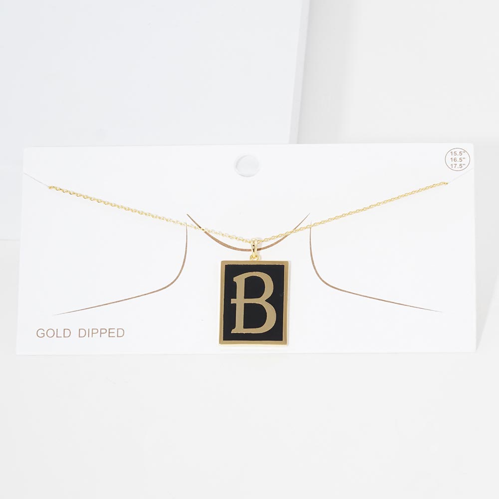 -B- Gold Dipped Enamel Rectangle Initial Monogram Pendant Necklace