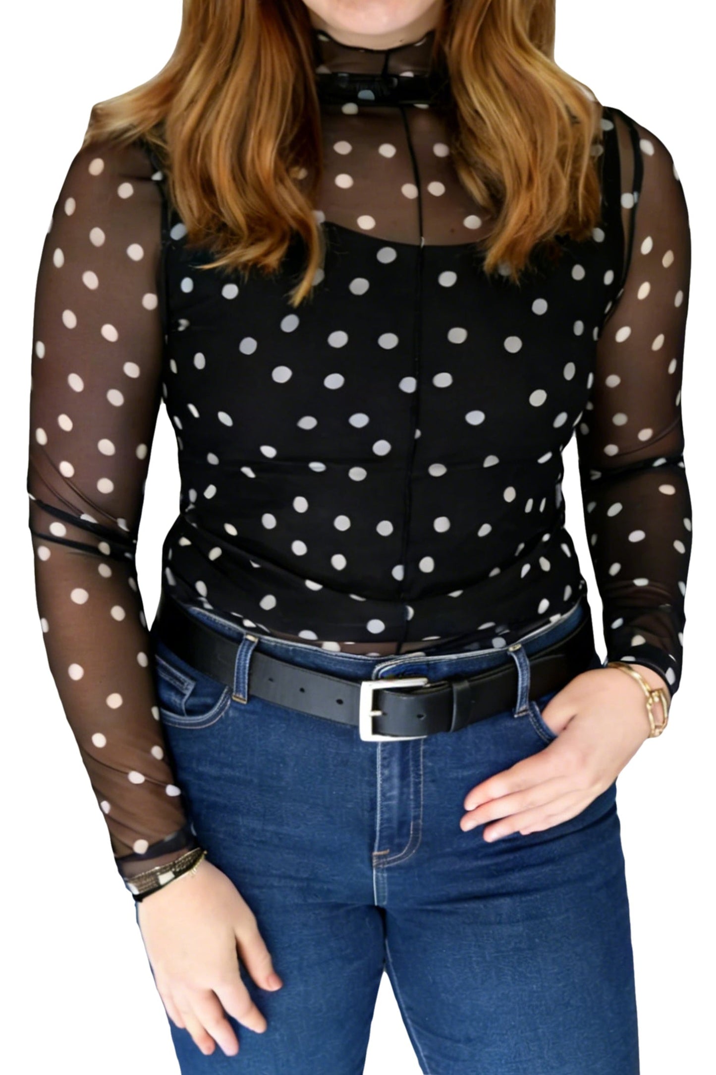 Plus Size Polka Dot Mesh Mock Neck Top