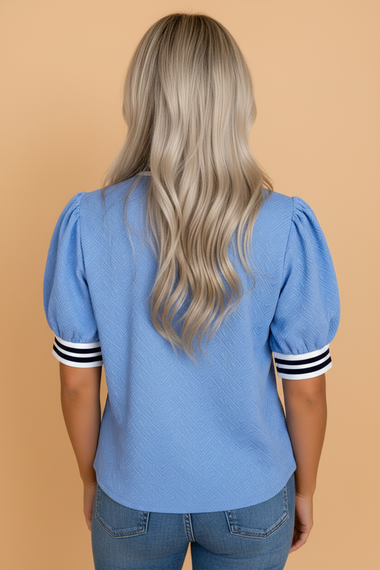 Stripe Trim Split Neck Puff Sleeve Textured Top