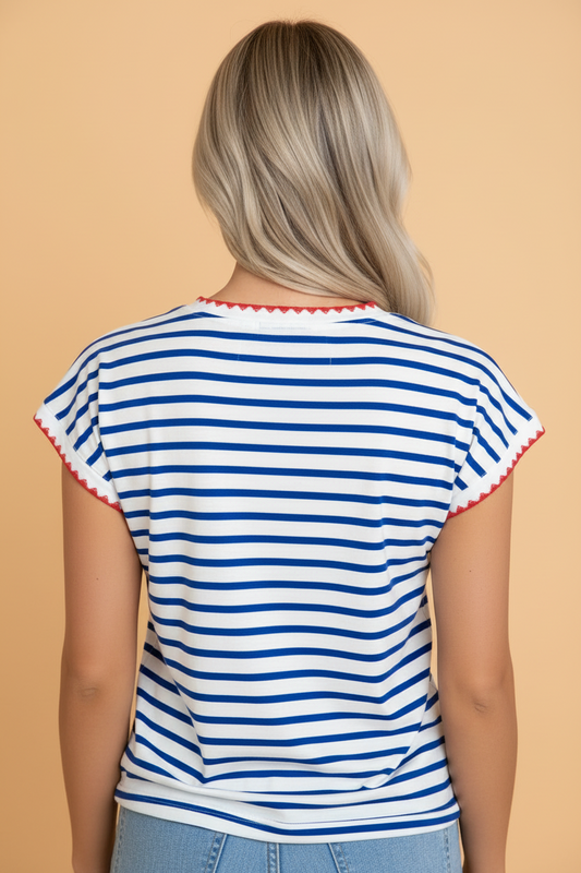 Stripe Contrast Trim Round Neck Cap Sleeve Tee