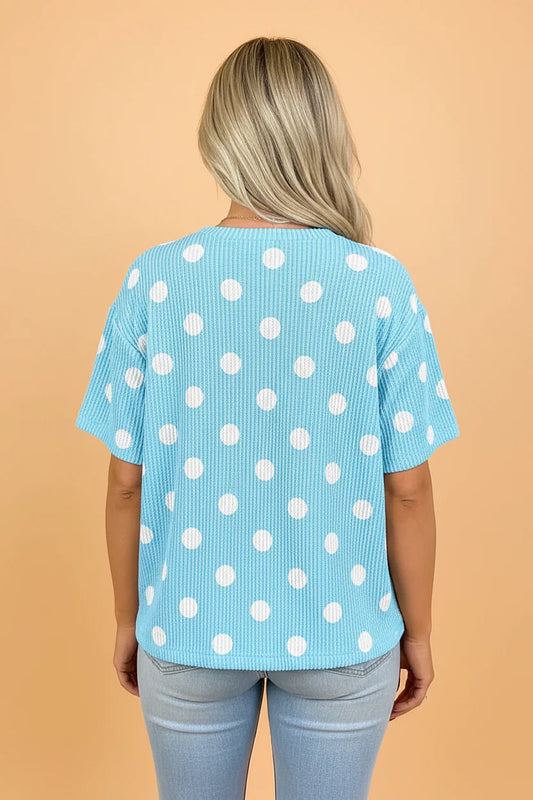 Polka Dot Patch Pocket Drop Shoulder Textured Top