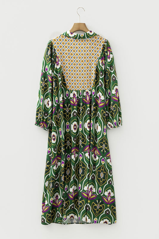 Plus Size Floral Patchwork Collared V-Neck Maxi Dress