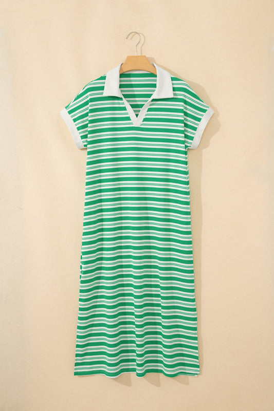 Stripe Collared V-Neck Short Sleeve Midi Dress