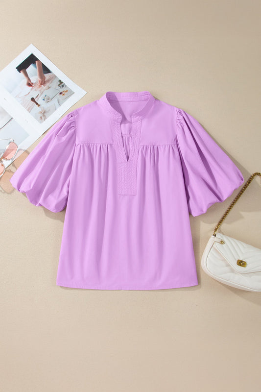 Solid Stitched V-Neck Short Puff Sleeve Blouse
