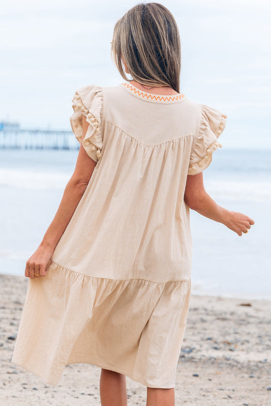 Floral Embroidered Pom Pom Ruffle Sleeve Dress