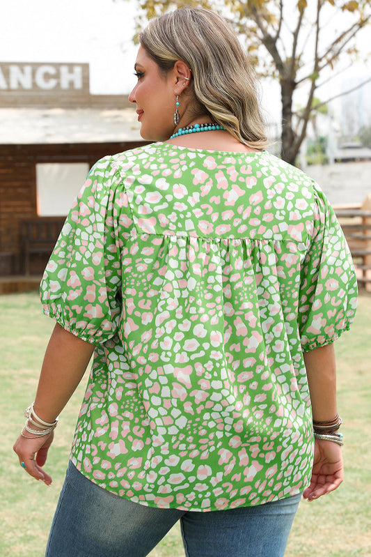 Plus Size Abstract Leopard Tassel Tie Blouse
