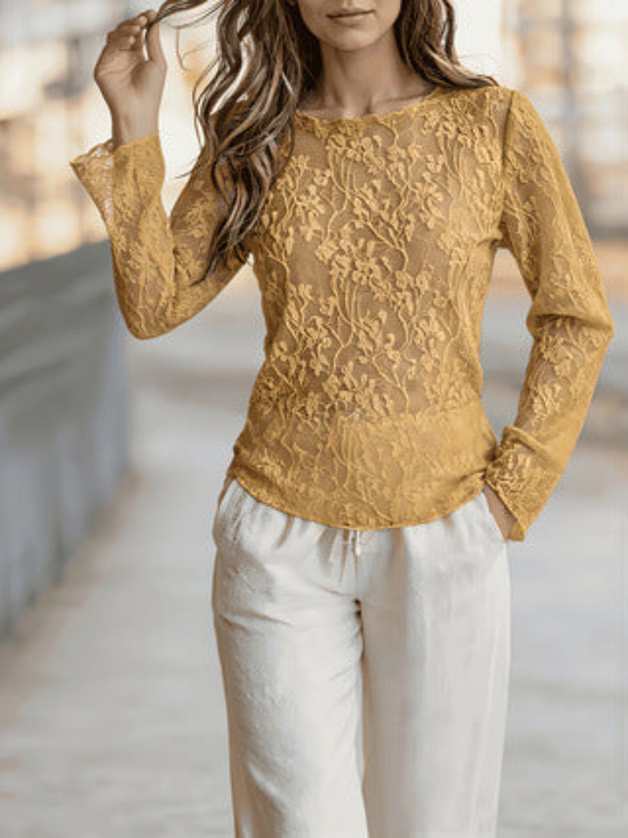 Women's Lace Trim Round Neck Long-Sleeve Top – Elegant Slim Fit