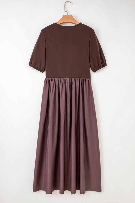Patchwork Knit Short Sleeve Pleated Maxi Dress