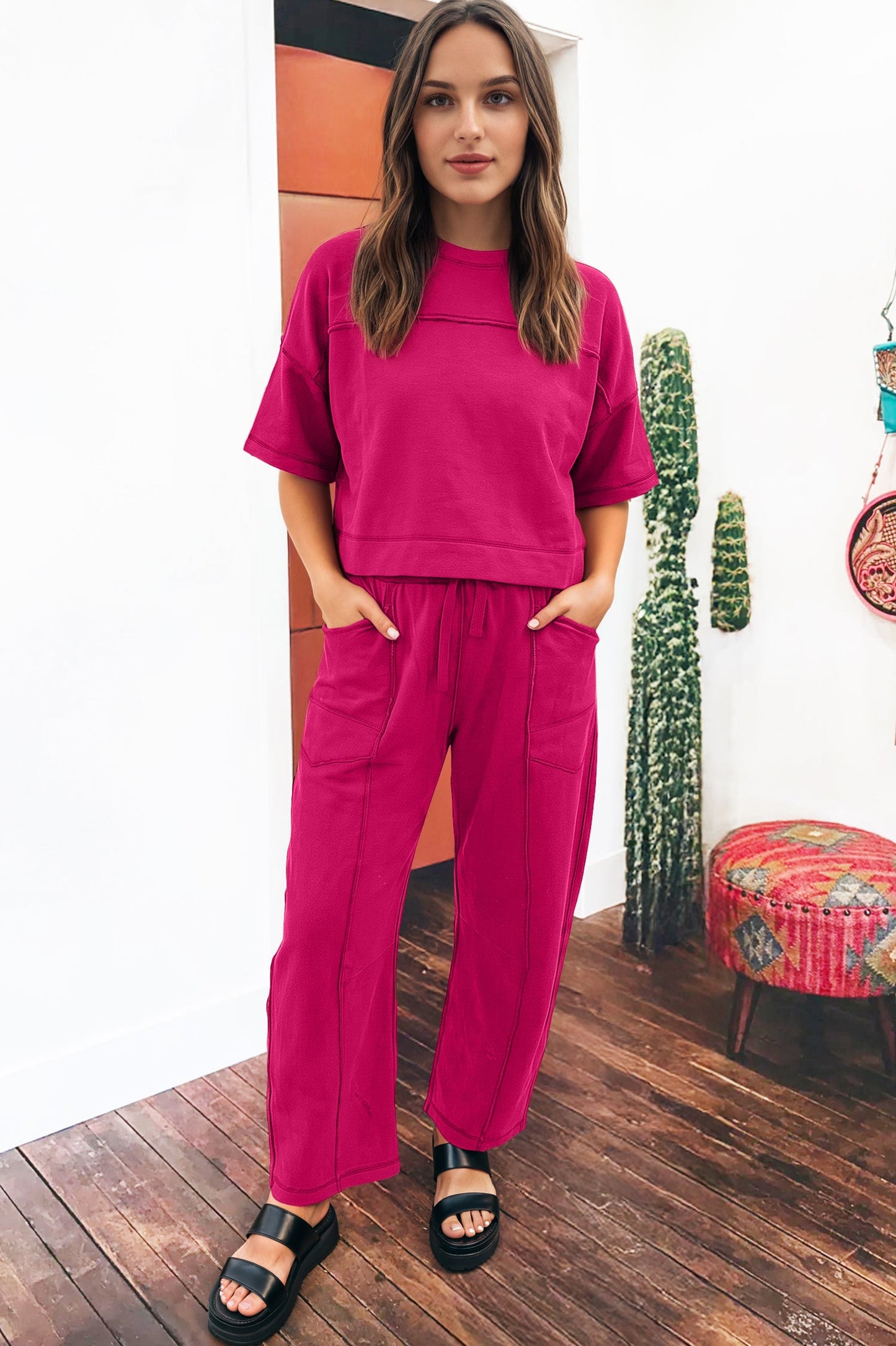 Solid Drop Shoulder Boxy Tee & Barrel Pants Set